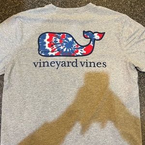 Grey Vineyard Vines t-shirt with red white and blue tie-dye whale. Adult Medium